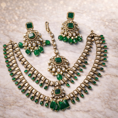 Green Kundan Polki Bridal Necklace Set with Maang Tikka
