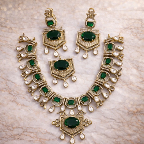 Green American Diamond Bridal Necklace Set with Earrings & Pendant