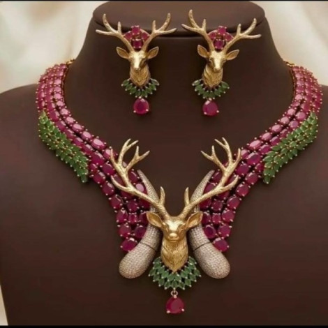 Premium Deer Design Kundan Necklace Set with Earrings
